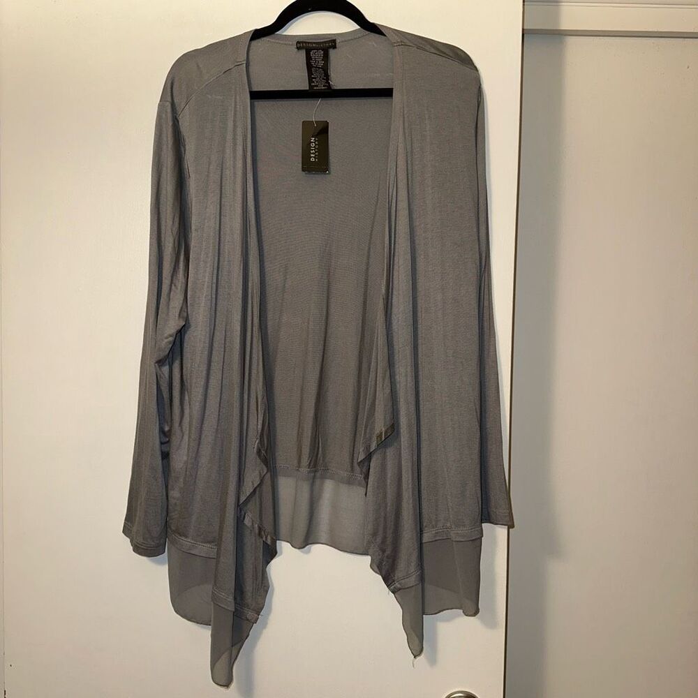 Design History XXL Open Front LS Cardigan Lightweight Satin Trim Solid Gray NWT